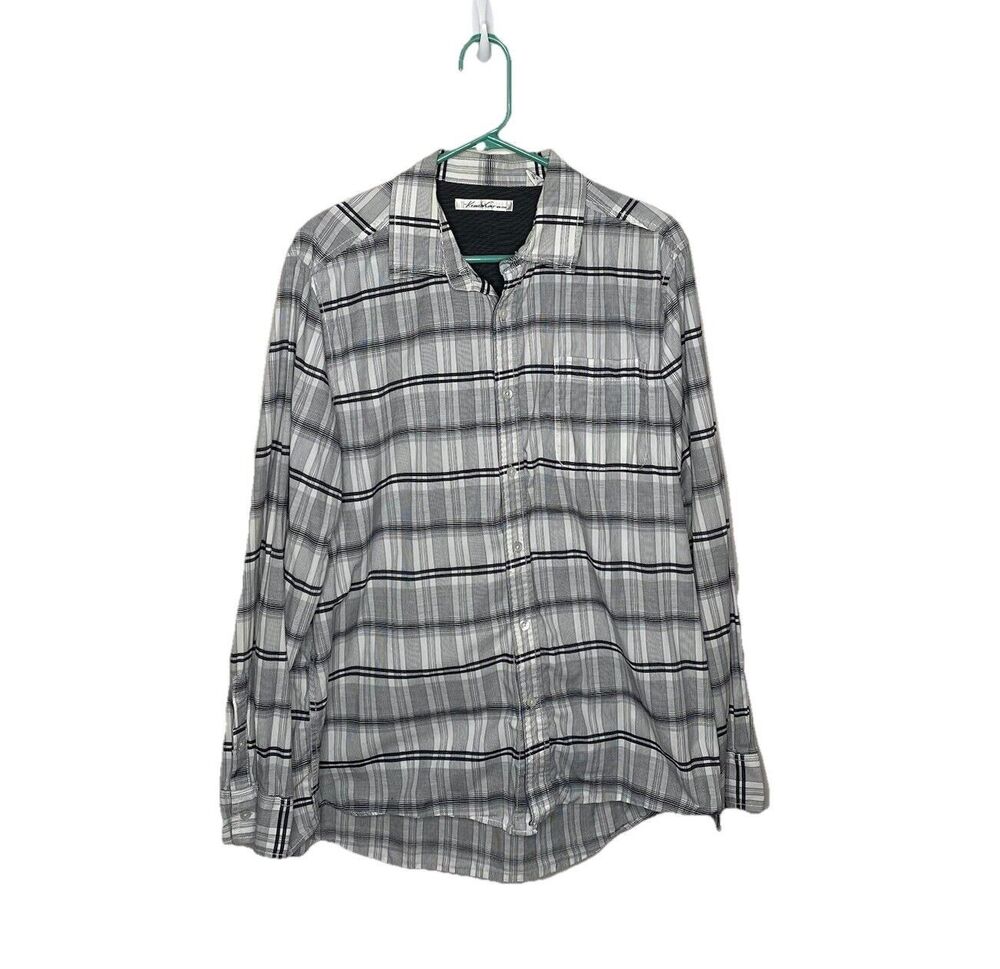Kenneth Cole Button Up Shirt Black White Plaid Pocket Long Sleeves Men’s XL